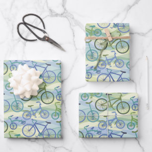Feuille De Papier Cadeau Bicyclettes Bleu Vert