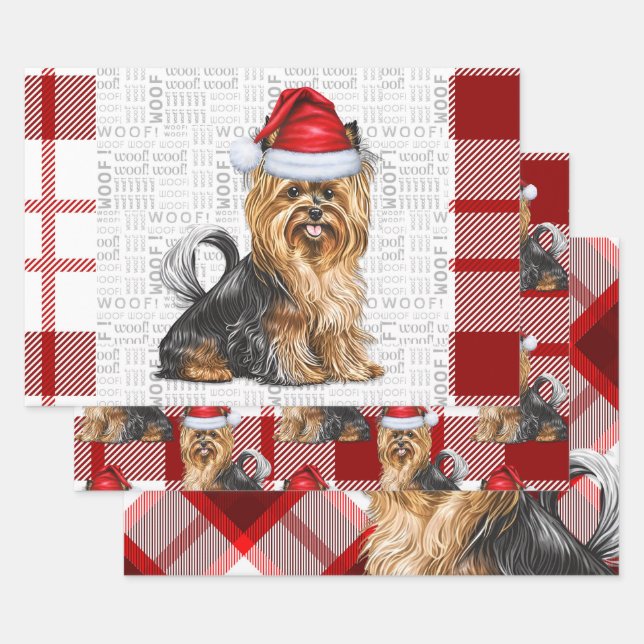 Feuille De Papier Cadeau Biewer Terrier Chien et Red Plaid Holiday (Lot)