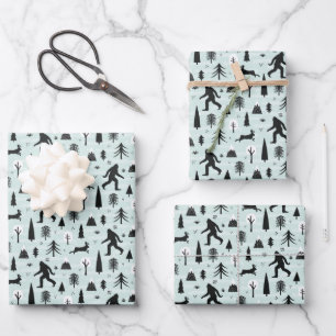Feuille De Papier Cadeau Bigfoot et Jackalope dans les Bois Motif Blue