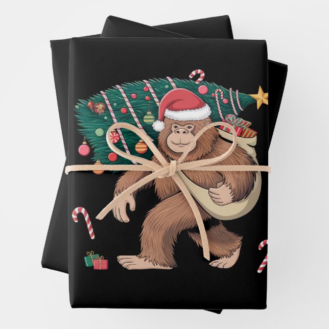 Feuille De Papier Cadeau Bigfoot Noël Arbre Lumières Noël Sasquatatch Amour (En situation)