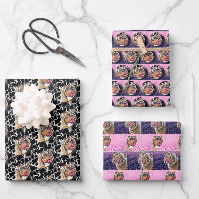 Feuille De Papier Cadeau Biggie le Bulldog ensemble de cadeaux de 3 (Recto)