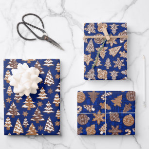 Feuille De Papier Cadeau Biscuits en pain d'épice Jeu de Noël bleu