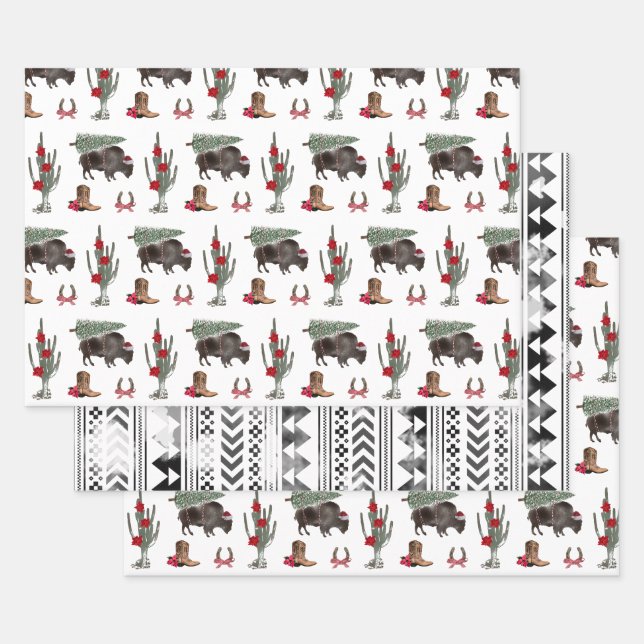 Feuille De Papier Cadeau Bison Christmas Tree Ranch Western Géométrique (Lot)