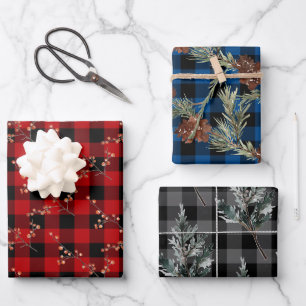 Feuille De Papier Cadeau Bisons rustiques Plaid hiver épinette cônes et bai