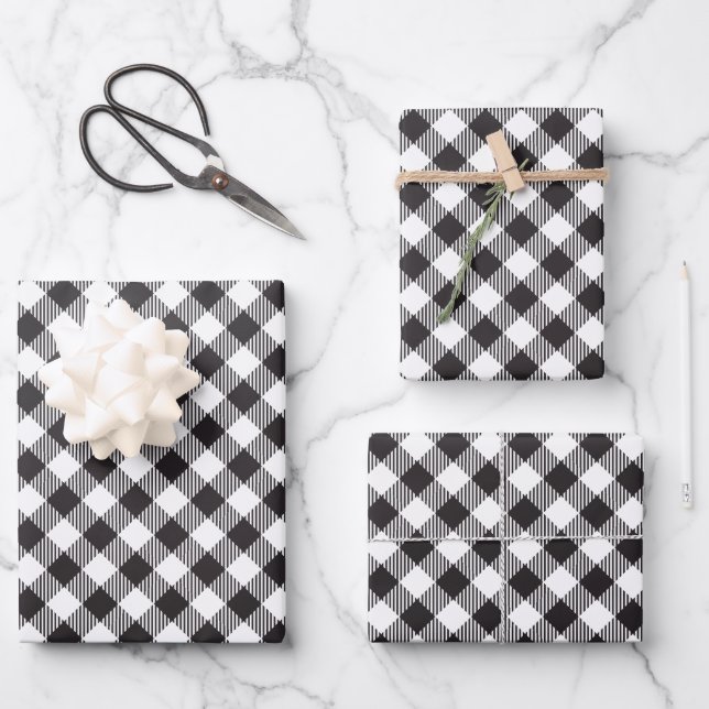 Feuille De Papier Cadeau Black and White Buffalo Plaid Checkered (Recto)