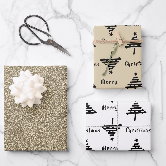 Feuille De Papier Cadeau Black Christmas Tree Faux Gold Parties scintillant (Recto)