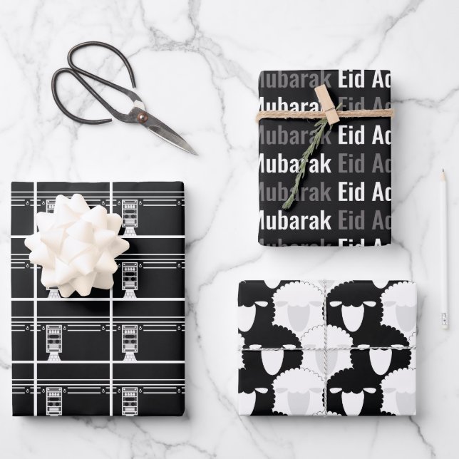 Feuille De Papier Cadeau Black Eid Adha Moubarak Kaaba Motif Sheep (Recto)