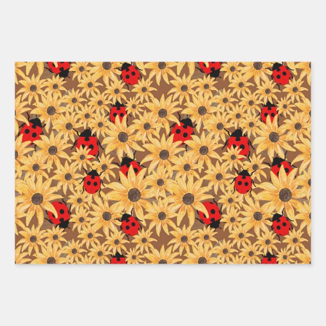 Feuille De Papier Cadeau Black-Eyed Susan And Ladybugs Seamless Pattern (Devant)