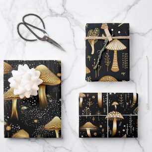 Feuille De Papier Cadeau Black & Gold Cottagecore Mushrooms Trio