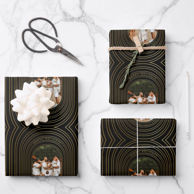 Feuille De Papier Cadeau Black Gold Custom Photo Famille (Recto)