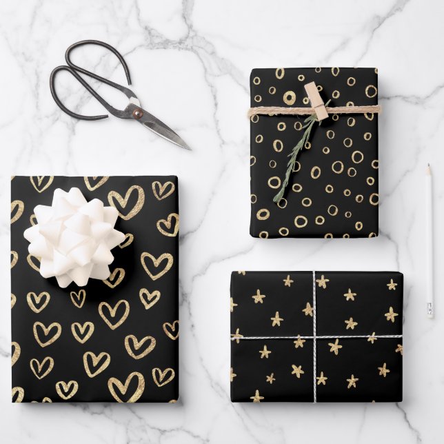 Feuille De Papier Cadeau Black Gold Random Motif Hearts étoiles Cercles (Recto)