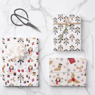 Feuille De Papier Cadeau Black Gold Red Snowmen Noël Arbres de Noël