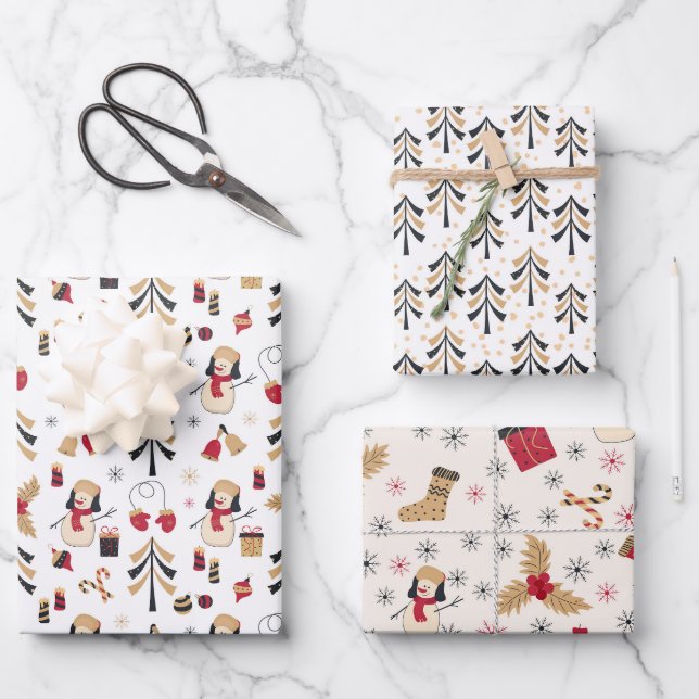 Feuille De Papier Cadeau Black Gold Red Snowmen Noël Arbres de Noël (Recto)
