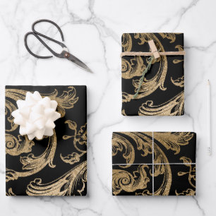 Feuille De Papier Cadeau Black Gold Rococo Baroque Swirl