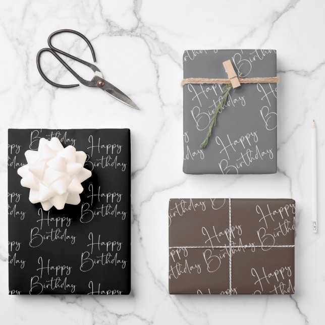 Feuille De Papier Cadeau Black Grey Brown Joyeux anniversaire (Recto)