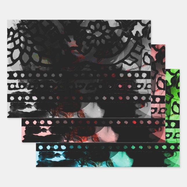 Feuille De Papier Cadeau Black Lace Goth Red Flower Art (Lot)