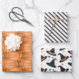 Feuille De Papier Cadeau Black Orange Boo to You Witch Sripes Casquette Hal