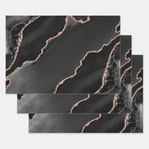 Feuille De Papier Cadeau Black & Rose Gold Faux Parties scintillant Agate d