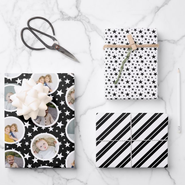 Feuille De Papier Cadeau Black White Stars Stripes Photo Collage Noël (Recto)
