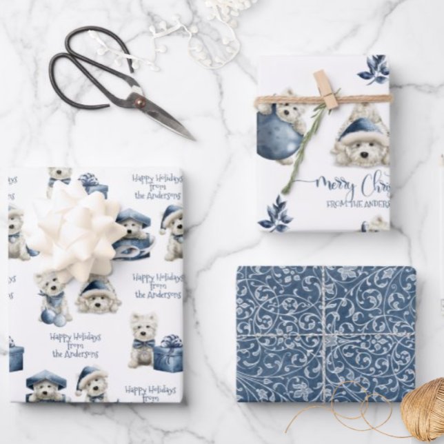 Feuille De Papier Cadeau Blanc Bleu et Argent, Blanc Festif Puppy Holiday (Créateur téléchargé)