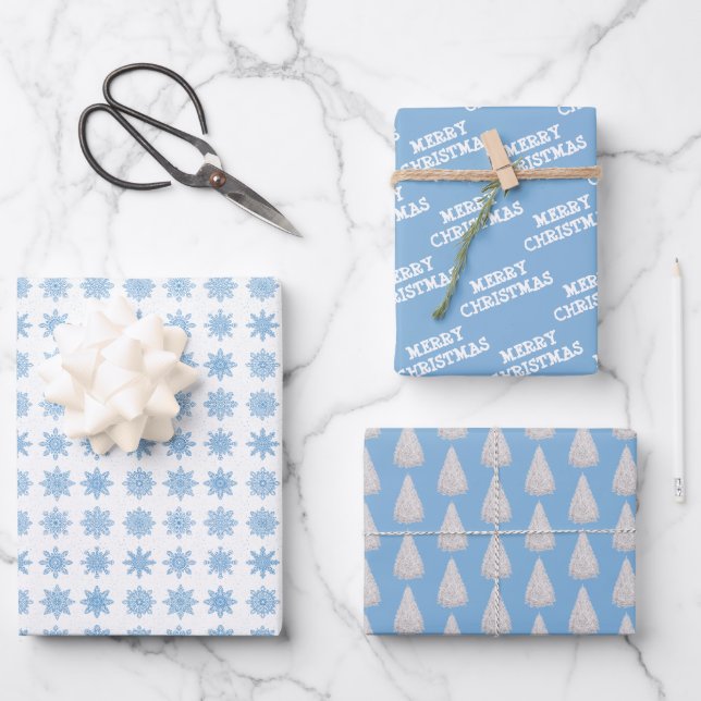 Feuille De Papier Cadeau Blanc | Bleu glace | Noël (Recto)