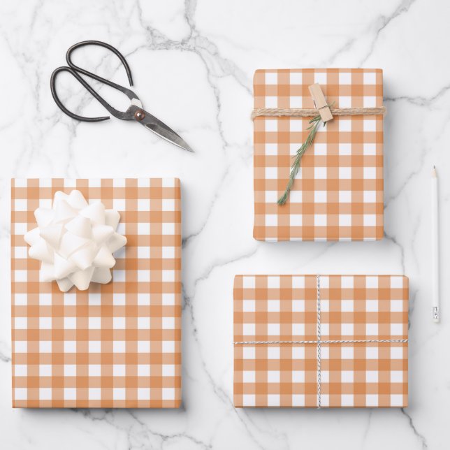 Feuille De Papier Cadeau Blanc moderne et orange En vichy plaid (Recto)
