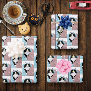 Feuille De Papier Cadeau Blanc Noir Tuxedo Couvercles de chat Bleu Pink