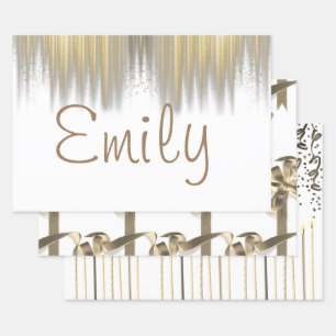 Feuille De Papier Cadeau Blanc personnalisé avec rubans d'or Anniversaire