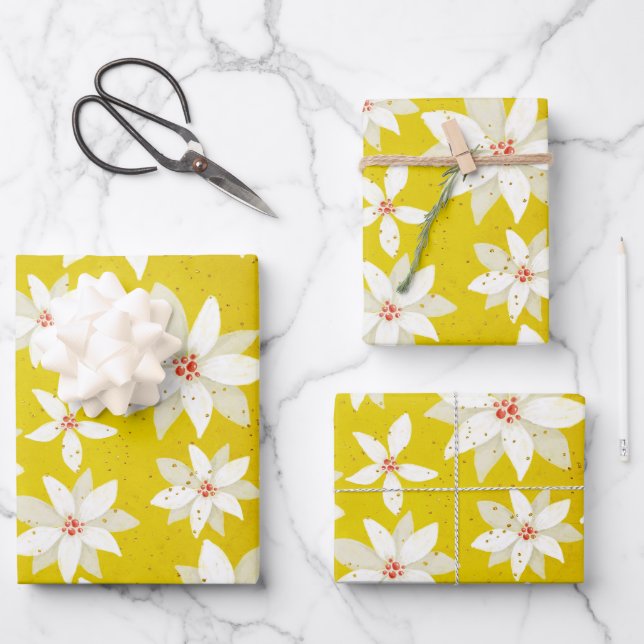 Feuille De Papier Cadeau Blanc Poinsettias Rouge Accents brillant Jaune dor (Recto)