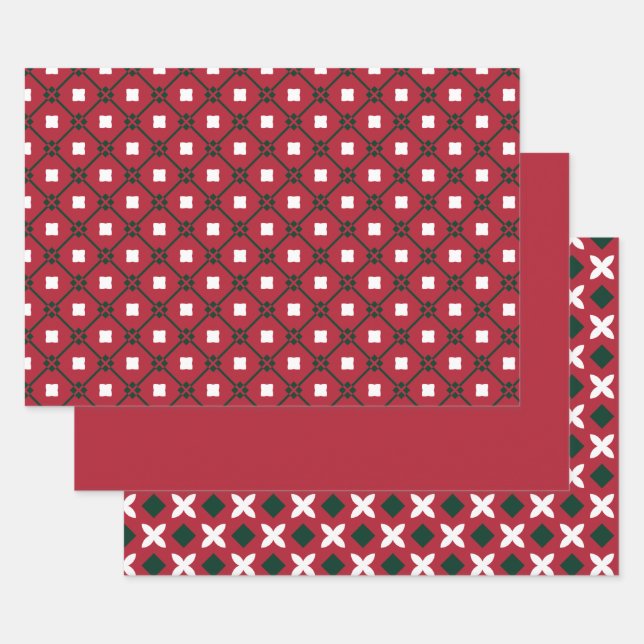 Feuille De Papier Cadeau Blanc rouge traditionnel et Motif vert et solide (Lot)
