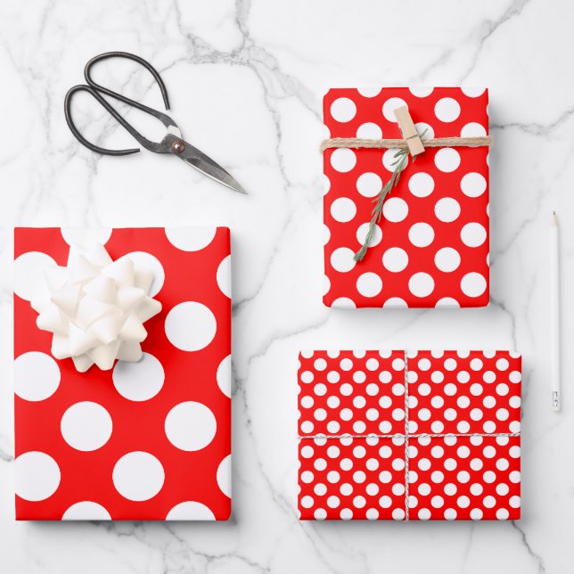 Feuille De Papier Cadeau Blanc sur rouge Pois de tailles différentes (Recto)