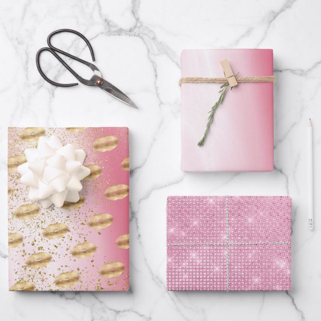 Feuille De Papier Cadeau Blanche rose et Gold Lièvres Kiss Parties scintill (Recto)