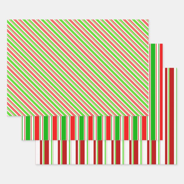 Feuille De Papier Cadeau Blancs verts, blancs, rouges, rayures de style Noë (Lot)
