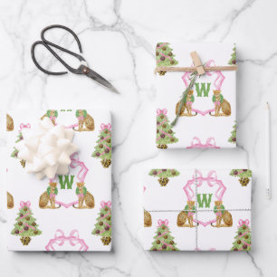 Feuille De Papier Cadeau Blason de monogramme de Noël léopard Preppy aquare