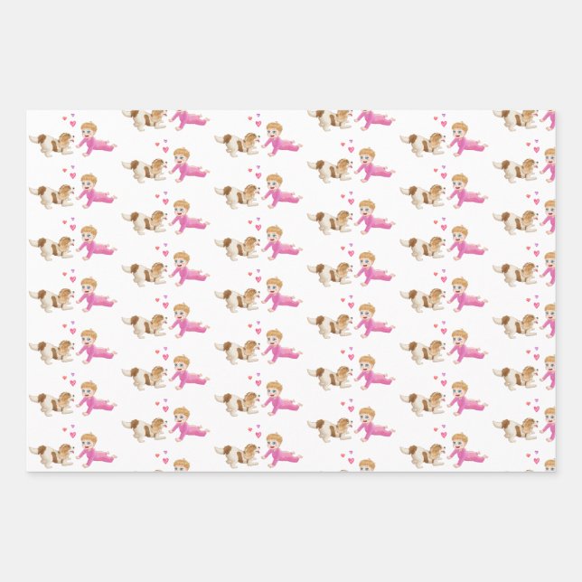 Feuille De Papier Cadeau Blenheim Cavalier King Charles Spaniel et bébé (Devant)