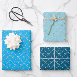 Feuille De Papier Cadeau Bleu Aqua Argent Sirène Paillettes Anniversaire