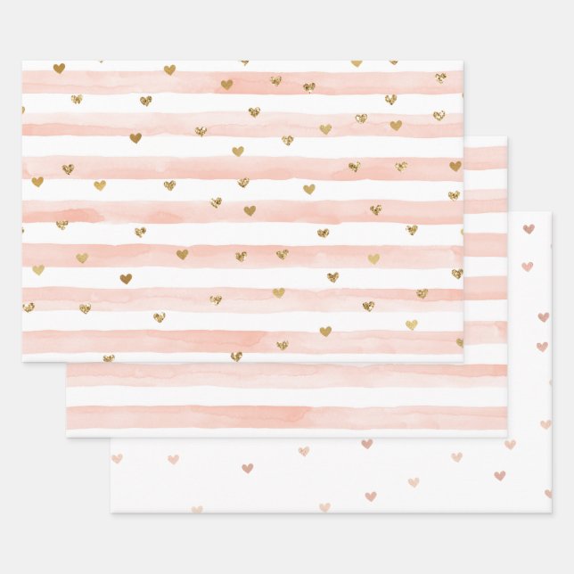 Feuille De Papier Cadeau Bleu Aquarelle Baies Parties scintillant Or Coeurs (Lot)