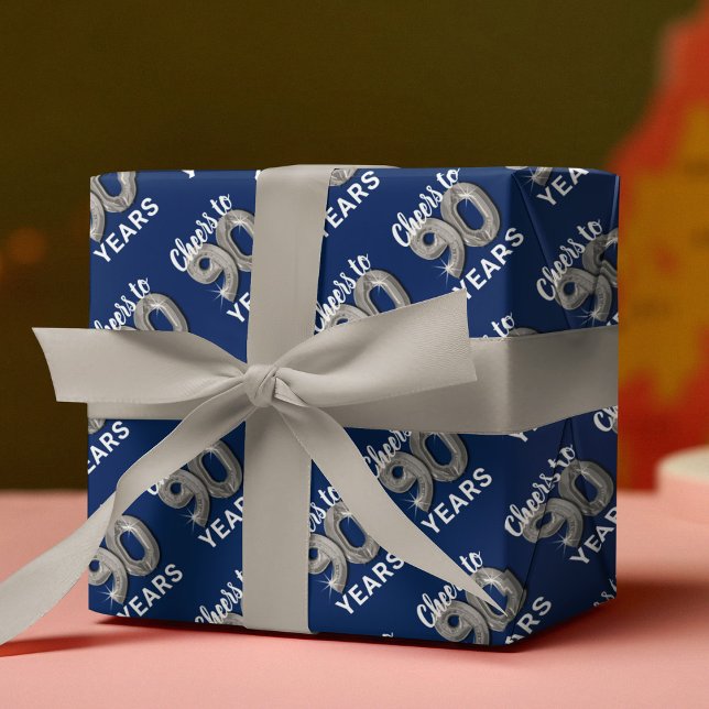Feuille De Papier Cadeau Bleu argent brille à 90 ans Anniversaire (Créateur téléchargé)