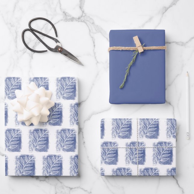 Feuille De Papier Cadeau Bleu Artistique Blanc Twig Famille Noël (Recto)