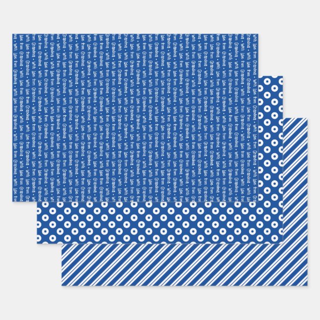 Feuille De Papier Cadeau Bleu & Blanc Coordonné Géométrique & "Avec Amour" (Lot)