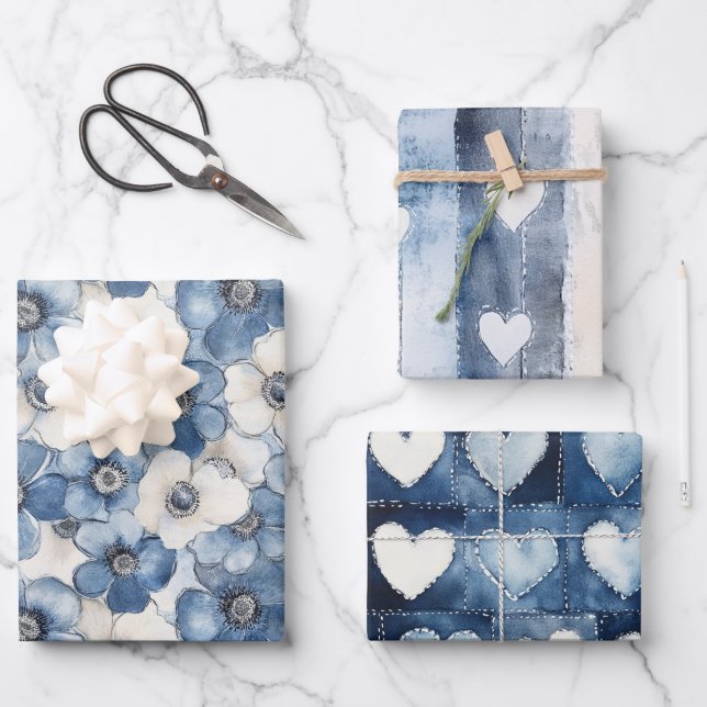 Feuille De Papier Cadeau Bleu Blanc Denim Fleurs Coeurs Anniversaire (Recto)