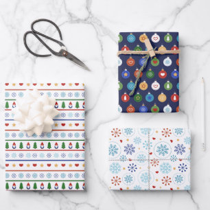 Feuille De Papier Cadeau Bleu blanc Gnomes Coeurs Snowflakes Noël