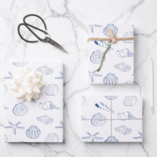 Feuille De Papier Cadeau Bleu blanc Main dessinée Sea Shells Plage Été