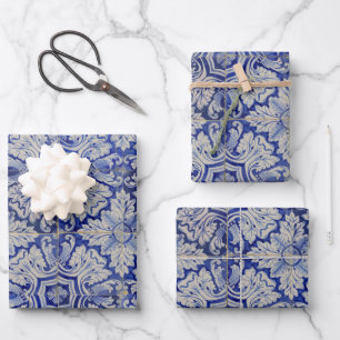 Feuille De Papier Cadeau Bleu & Blanc Méditerranéen Vintage motif floral