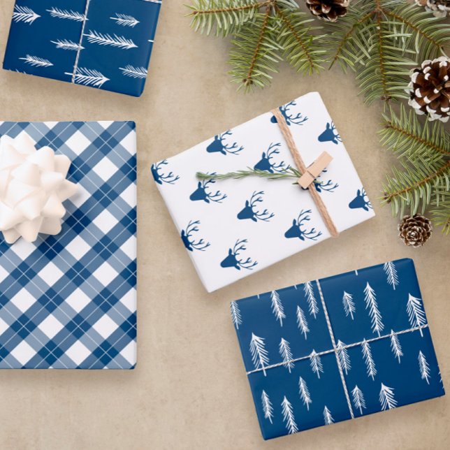 Feuille De Papier Cadeau Bleu Blanc Mixte Rustique Motifs Deer Woods Plaid (Créateur téléchargé)