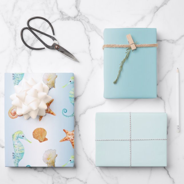 Feuille De Papier Cadeau Bleu Blanc Ombre Coques Seahorse Starfish (Recto)