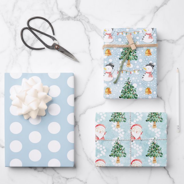 Feuille De Papier Cadeau Bleu Blanc Snowman Père Noël Pois d'hiver (Recto)