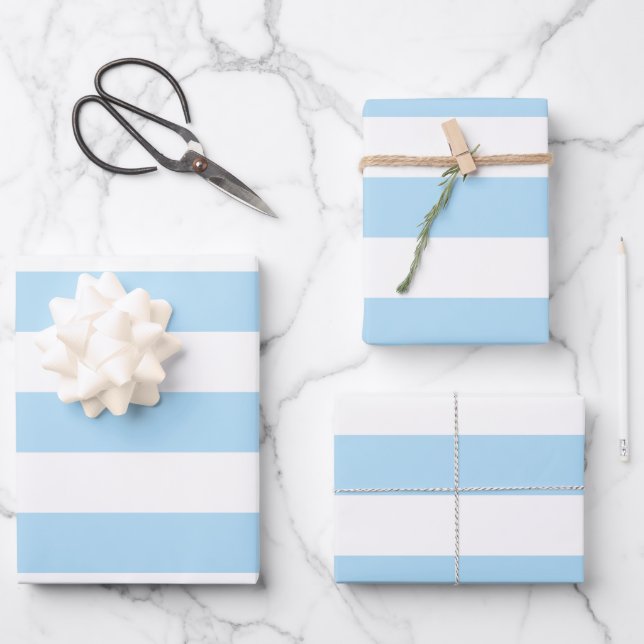 Feuille De Papier Cadeau Bleu, Blancs, Motif rayé (Recto)