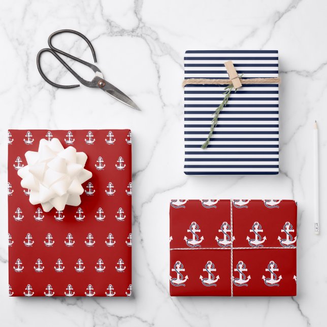 Feuille De Papier Cadeau Bleu bleu marine Blancs et Ancre blanche (Recto)