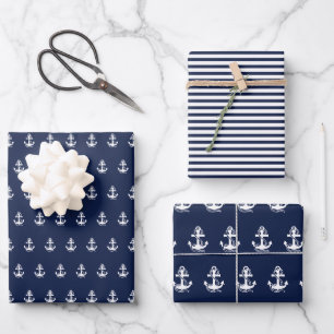 Feuille De Papier Cadeau Bleu bleu marine Blancs et Ancre blanche